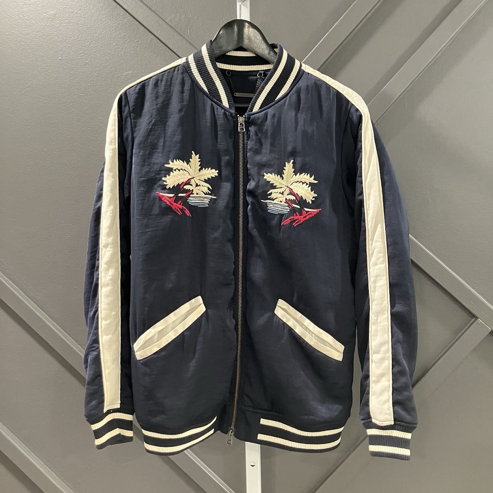 Capulet Hawaii Embroidered Bomber Jacket Navy Palm Tree Full Zip‎ Medium Japan